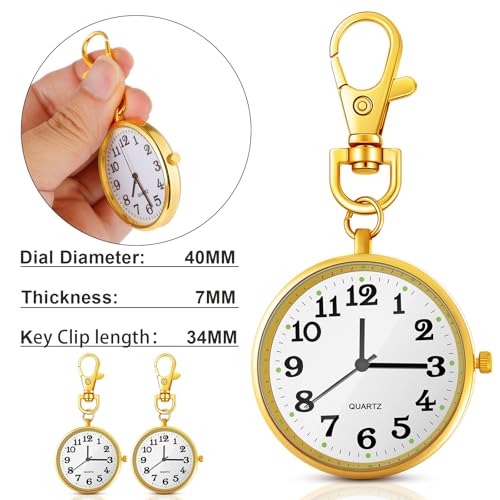 2 Pieces Quartz Pocket Watch with Key Buckle Round Keychain Clip on Wa