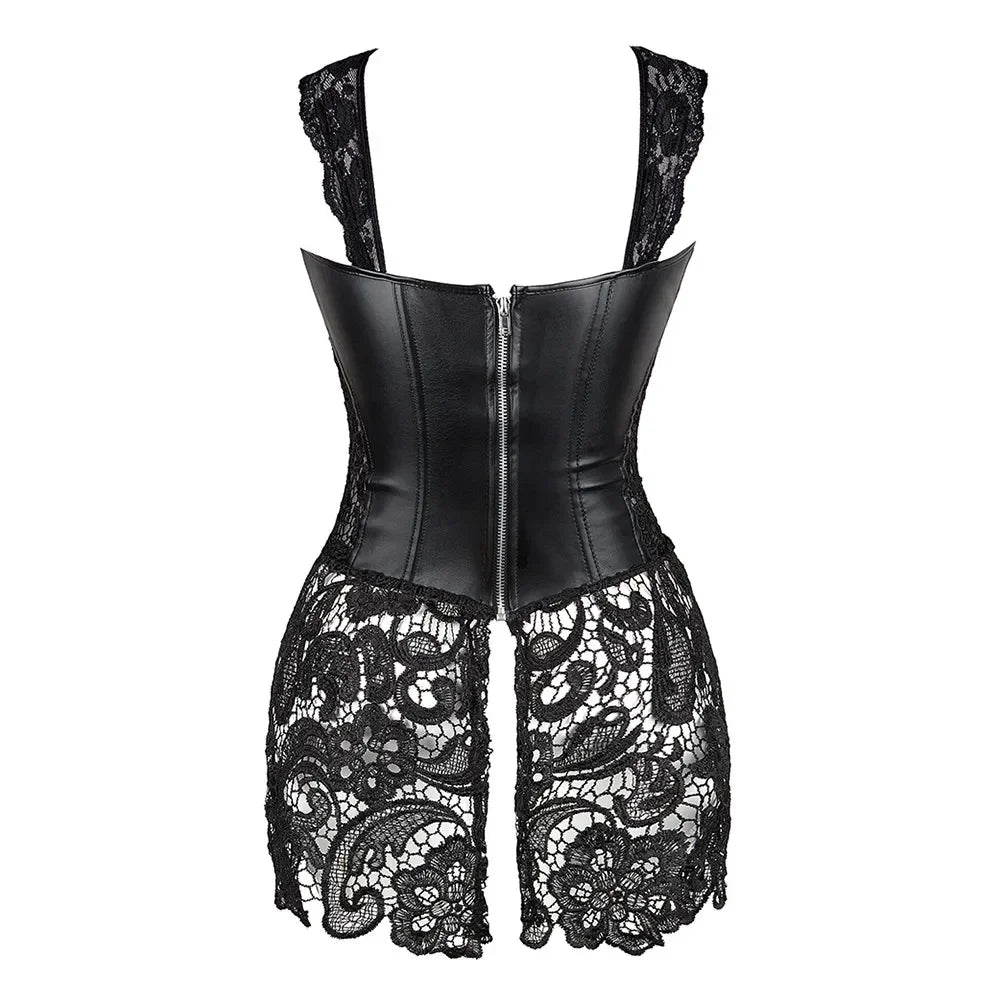 Gothic Overbust Corset Dress – Faux Leather Punk Style