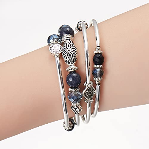 Stackable Beaded Bracelets for Women Boho Wrap Silver Bracelet Layered Fashion Jewelry Gifts for Her