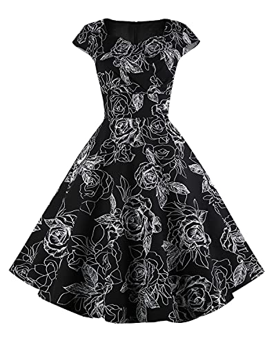 Women's Cap Sleeve 1950s Retro Vintage Cocktail Swing Dresses with Pocket