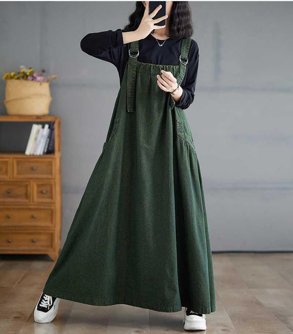 Boho Jumper Dress for Women Loose Overall Pinafore Dresses Adjustable Straps Wide Hemline with Pockets Baggy Style