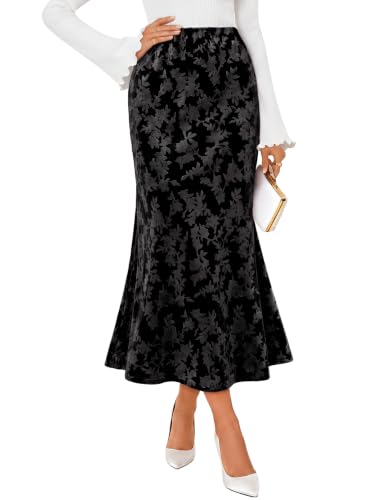 MEROKEETY Women's Fall Floral Velvet Maxi Skirt