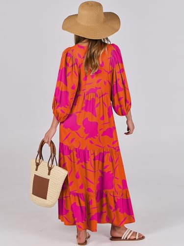 ANRABESS Womens Boho Floral 3/4 Puff Sleeve Maxi Dress