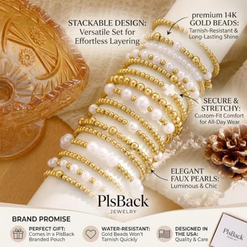 Gold Plated Bead & Pearl Bracelets for Women, 16PC Stackable Stretch Set