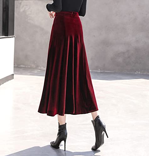 Women's High Waist Pleated Velvet Skirt Casual Slim Flowy Swing A-line Midi Skirts with Pockets