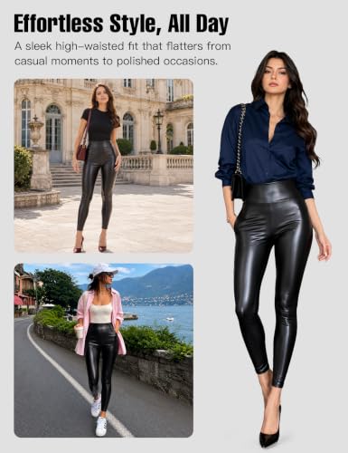 Faux Leather Leggings for Women, Tummy Control Fleece-Lined