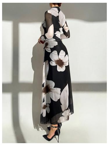 Verdusa Women's Floral Wedding Guest Dress Long Sleeve Mesh Maxi Dresses