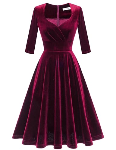 Bbonlinedress Womens Velvet Long Sleeve Formal Wedding Guest Vintage Cocktail Holiday Party Midi Dress