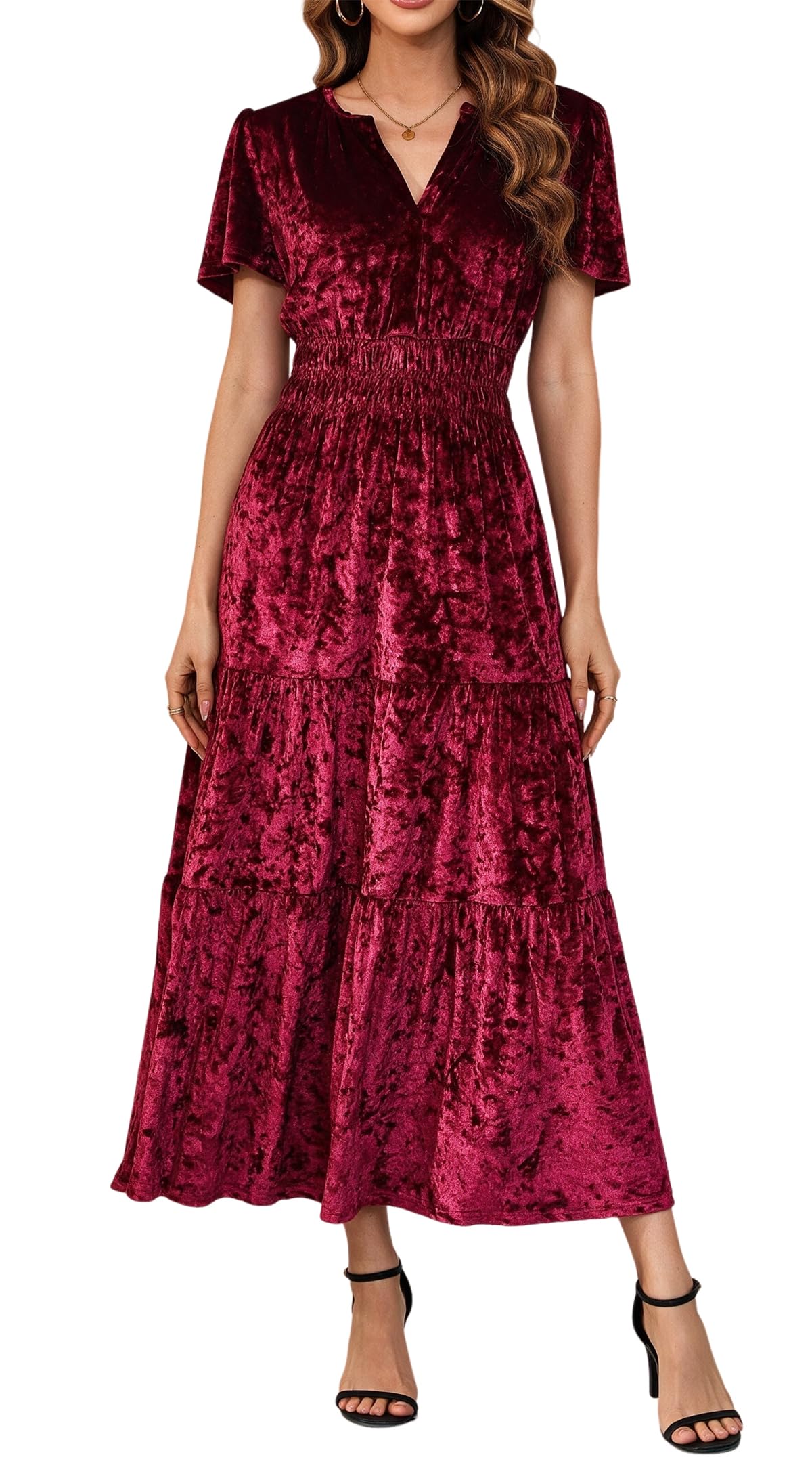 R.Vivimos Womens Fall Winter Velvet Elastic Waist Maxi Dress