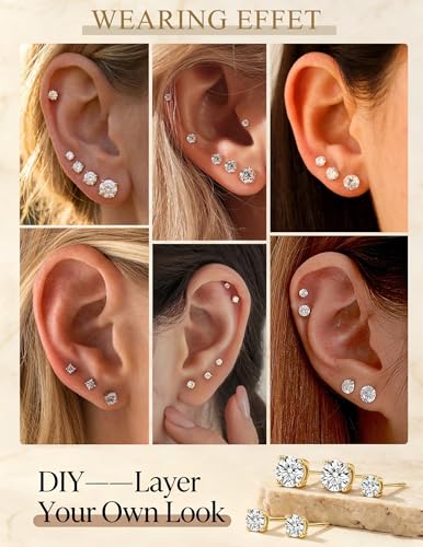 5 Pairs 14K Gold Plated Stud Earrings for Women, CZ Multiple Piercing Set