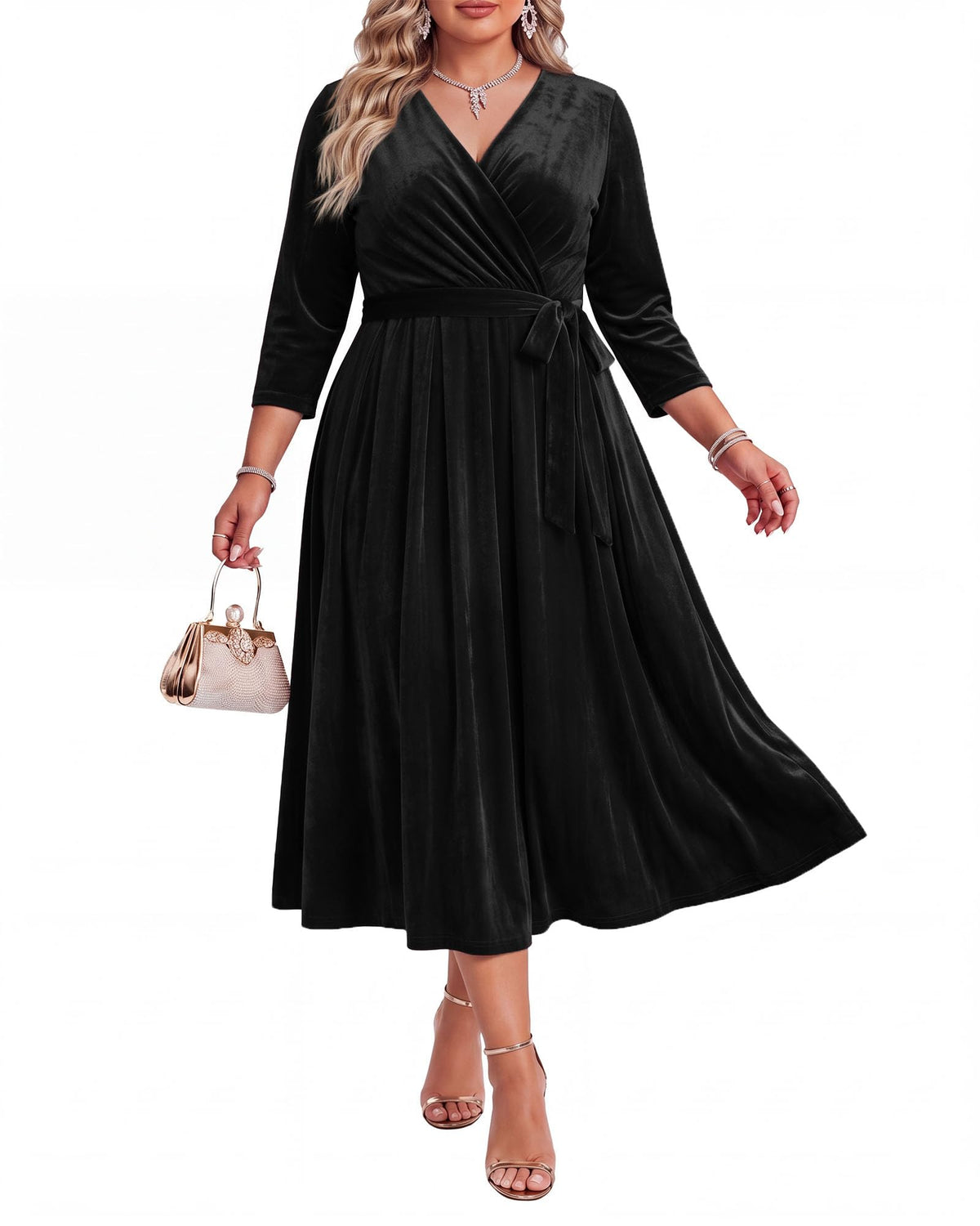 Women's Plus Size Velvet Dress V Neck Wrap Midi Black XL