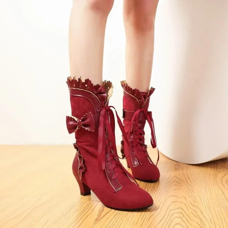 Women Victorian Boots Chunky Heels Lace up Cute Bow Knot Cosplay Costumes Witch Medieval Renaissance Mid-Calf Goth Boots Vintage Gothic Character Dance Kawaii Lolita Shoes
