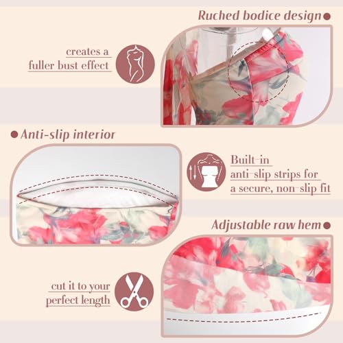 Women Floral Tube Maxi Dress with Scarf Summer Strapless Tube Bodycon Mesh Layer Cocktail Party Wedding Guest Dress