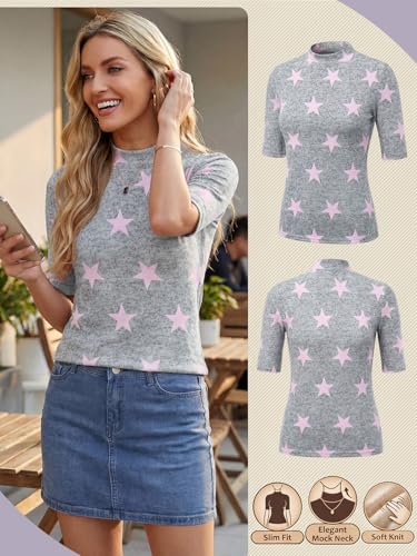 PrinStory Womens Tops Mock Neck Short Sleeve T Shirts Dressy Casual Ribbed Knit Slim Fit Summer Business Going Out Tops 2026