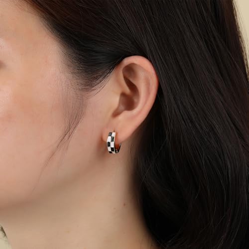 Checker Cartilage Hoops Teacher Earrings for Women White Black Enamel Gold