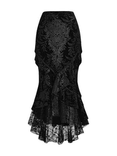 Verdusa Women's Goth Gothic Lace Fishtail Skirts Ruffle Vampire Bodycon Long Skirt