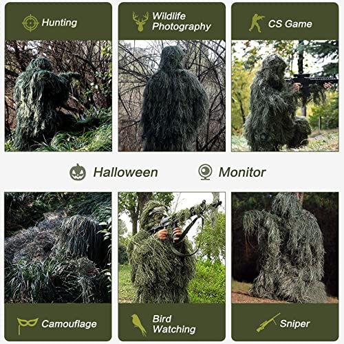 MOPHOTO 5 in 1 Ghillie Suit 3D Camouflage Hunting Suits - Jacket, Pants, Hood, Carry Bag for Adults & Youth, M/L/XL/XXL