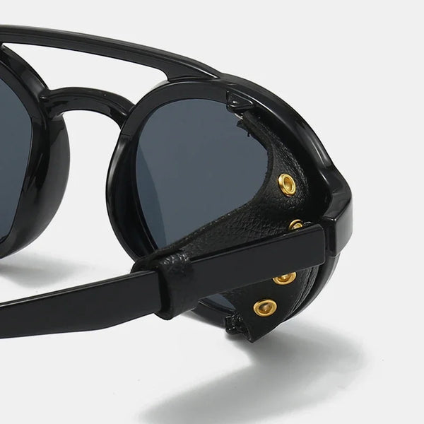Retro Round Steampunk Sunglasses with Leather Shades