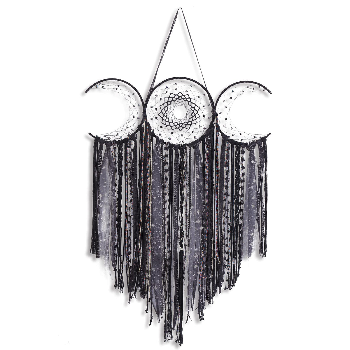 Black Triple Moon Goddess Dream Catcher Macrame Wall Hanging, Pagan Decor