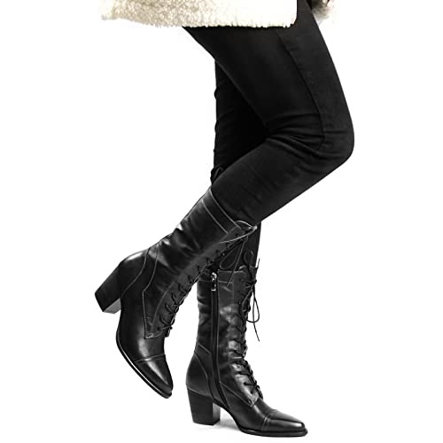 UTIKLIOU Women's Mid Calf Boots Lace up Combat Boots Leather Side Zipper Winter Boots Faux Fur Lining