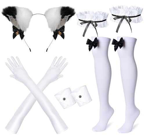 Wannsee Anime French Maid Apron Lolita Fancy Dress Cosplay Costume Furry Cat Ear Gloves Socks set(XL)