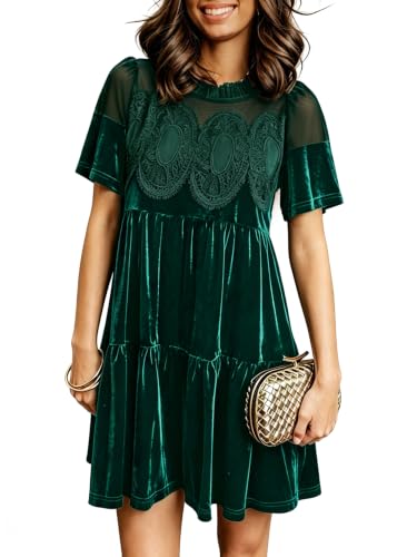 miduo Womens Scallop Neck Short Sleeve Velvet Lace Mini Babydoll Dress