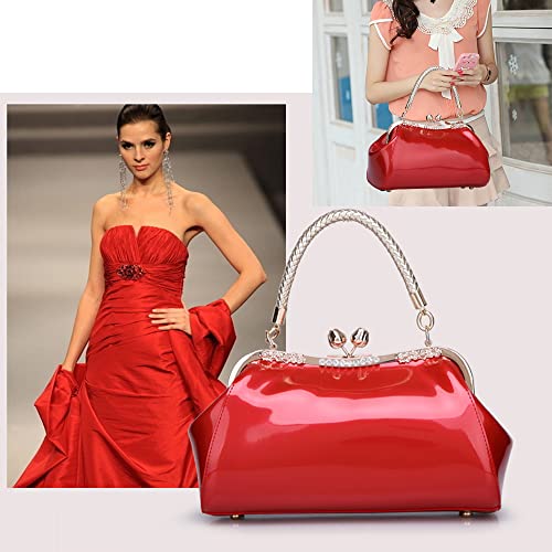 Glossy Patent Leather Evening Bag — Braided Handle Kiss Lock Handbag