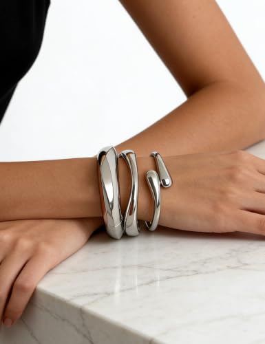 Chunky Gold Bangle Bracelets for Women, Dainty 14k Gold Plated Big Stackable Bangles Set, Trendy Statement Cuff Bracelet Stack Fashion Jewelry Gifts