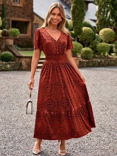 Simplee Womens Fall Velvet Dress Short Sleeve V Neck Floral Maxi Dress Long Formal Winter Wedding Guest Dresses