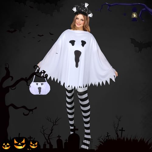 4 PCS Halloween Costume Set for Women 2026 Adult Ghost Costume, Ghost Poncho, Candy bag Headband and Nylon Striped Tights for Halloween Cosplay Party