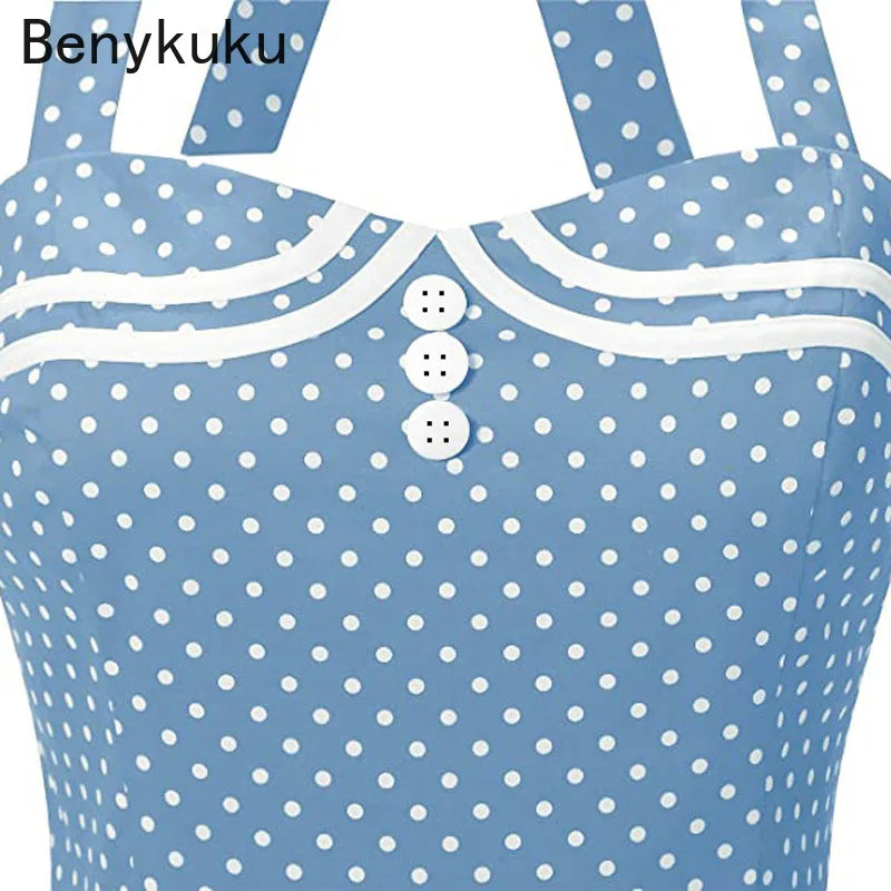 Halter Yellow Dress Sexy Robe Femme Pin Up Rockabilly Party Dress Big Swing Vestidos Summer Clothes