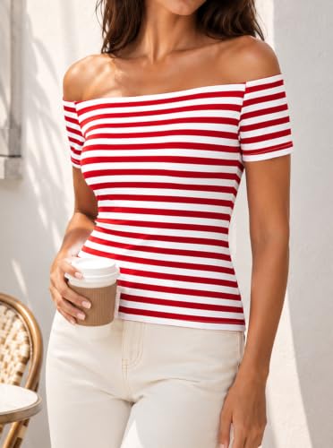 LilyCoco Off The Shoulder Tops for Women Striped Short Sleeve Sexy Going Out Top