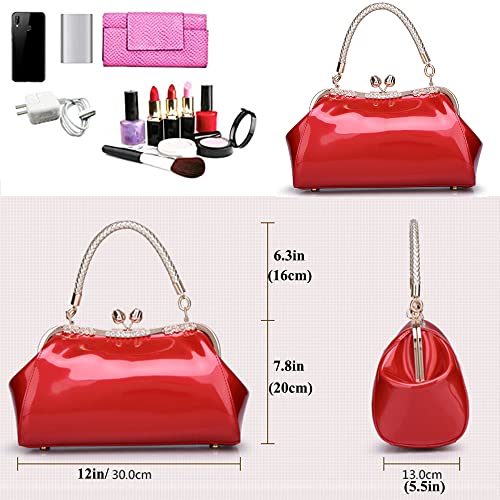 Glossy Patent Leather Evening Bag — Braided Handle Kiss Lock Handbag