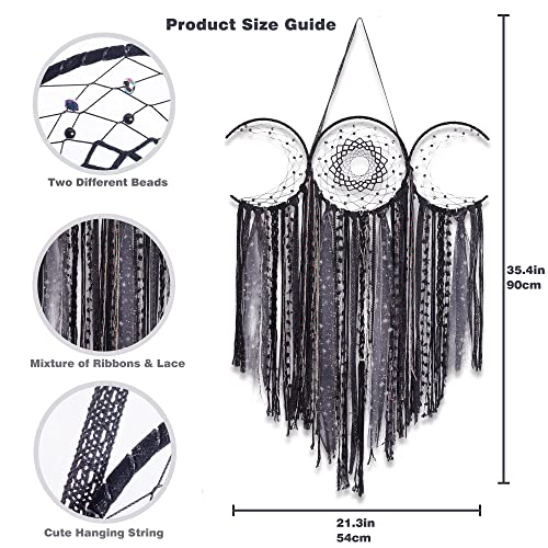 Black Triple Moon Goddess Dream Catcher Macrame Wall Hanging, Pagan Decor