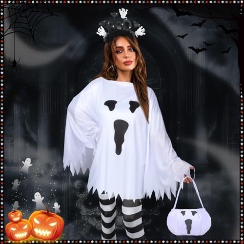 4 PCS Halloween Costume Set for Women 2026 Adult Ghost Costume, Ghost Poncho, Candy bag Headband and Nylon Striped Tights for Halloween Cosplay Party