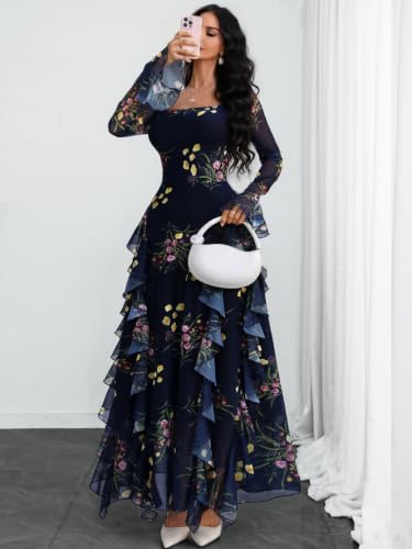 GothDark Women's Floral Dress Long Sleeve Square Neck Ruffle Party Outfit