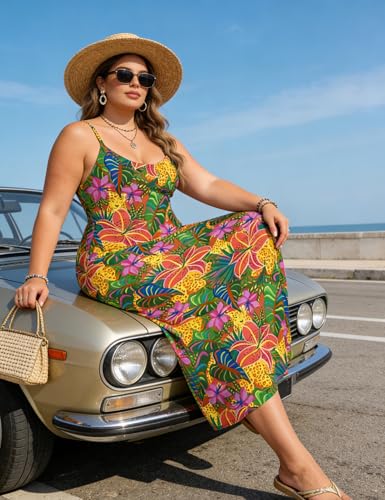 UOUA Hawaiian Dresses Women Plus Size Luau Party Sundress Summer Maxi Tropical Boho Beach Dress