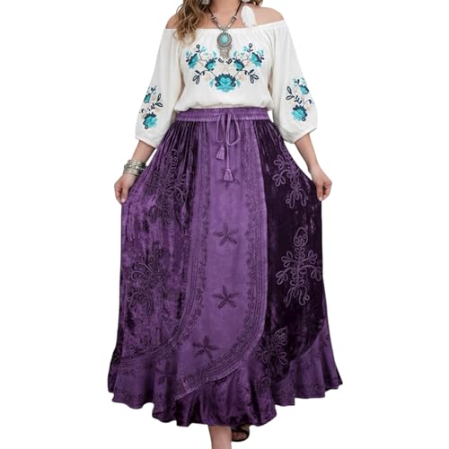 Agan Summer Long Skirts for Women, Boho Embroidered Rayon Velvet Maxi Skirt Main image