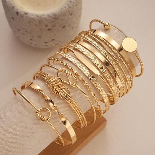 Gold Bangle Bracelets for Women, 14 Pcs Multi Layer Stackable Bangle Set, 14K Gold Plated Textured Chunky Bracelets Boho Jewelrys Set