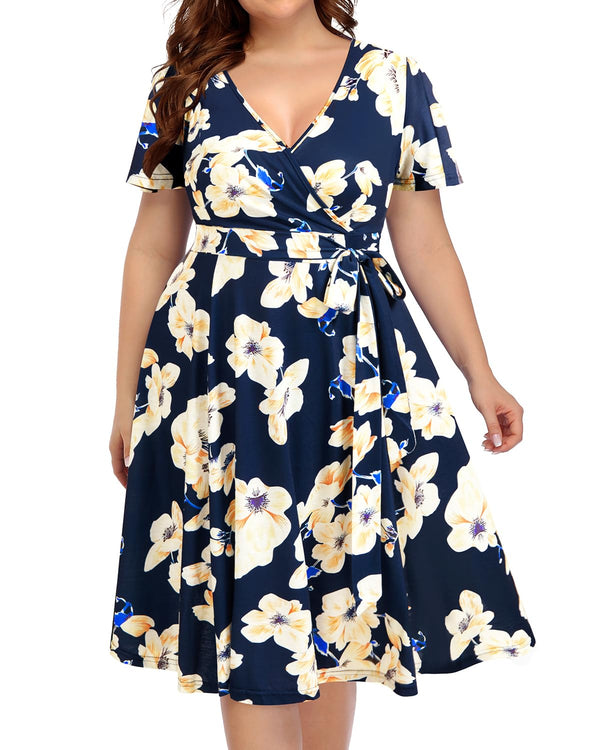Pinup Fashion Plus Size Wedding Guest Semi Formal Cocktail Wrap Knee Dress | Knit, faux wrap v-neck, short ruffle sleeves, empire waist, removable belt, knee-length, wedding guest, semi formal, easter