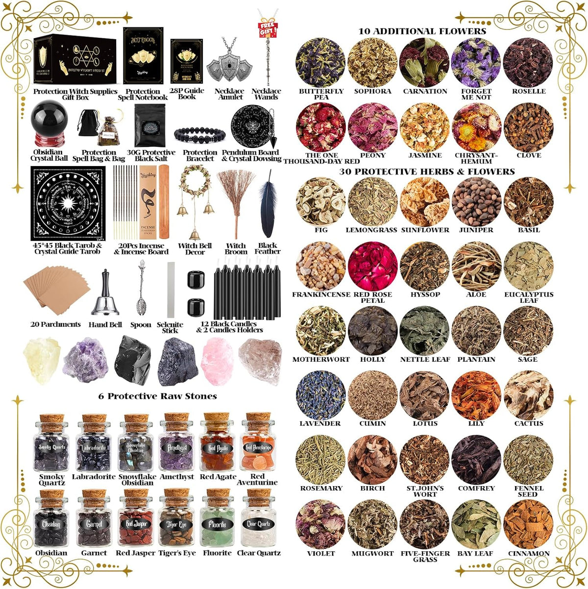 Wiccan Supplies and Tools for Protection, 130Pack Witchcraft Supplies Witchy Gift for Beginners, Dried Herbs, Crystals, Candles, Witch Starter Spell Kit