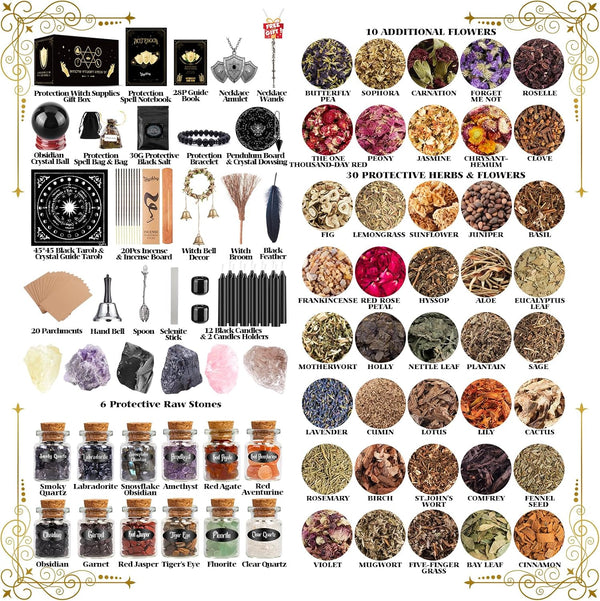 Wiccan Supplies and Tools for Protection, 130Pack Witchcraft Supplies Witchy Gift for Beginners, Dried Herbs, Crystals, Candles, Witch Starter Spell Kit