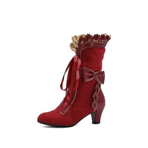 Women Victorian Boots Chunky Heels Lace up Cute Bow Knot Cosplay Costumes Witch Medieval Renaissance Mid-Calf Goth Boots Vintage Gothic Character Dance Kawaii Lolita Shoes