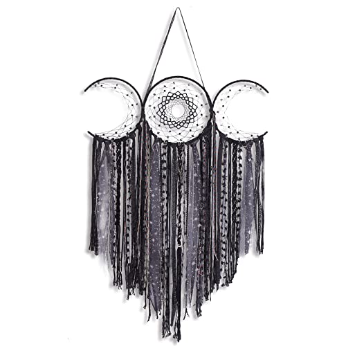 Black Triple Moon Goddess Dream Catcher Macrame Wall Hanging, Pagan Decor