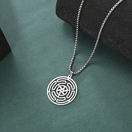 VASSAGO Wheel of Hecate Necklace Stainless Steel Triple Moon Goddess Hekate Strophalos Pendant Pagan Wicca Amulet Jewelry for Women Men