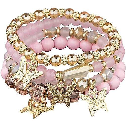 4 Pcs Cute Butterfly Charm Bracelets Set Gold Beaded Stackable Stretch Bracelets Bohemian Summer Jewelry Gifts for Women