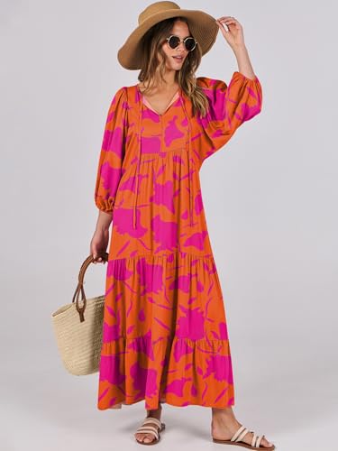ANRABESS Womens Boho Floral 3/4 Puff Sleeve Maxi Dress