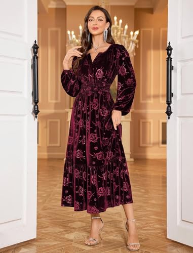 ZAFUL Womens Velvet Dress Long Sleeve Maxi Dresses Floral Smocked Waist