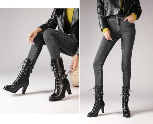 High Heel Boots for Women,Womens Platform Boot Heels Sexy Round Toe Lace UP High Heels Mid Calf Boots