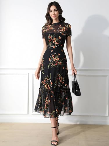 GothDark Women's Summer Floral Mesh Ruffle Casual Maxi Wedding Guest Dress